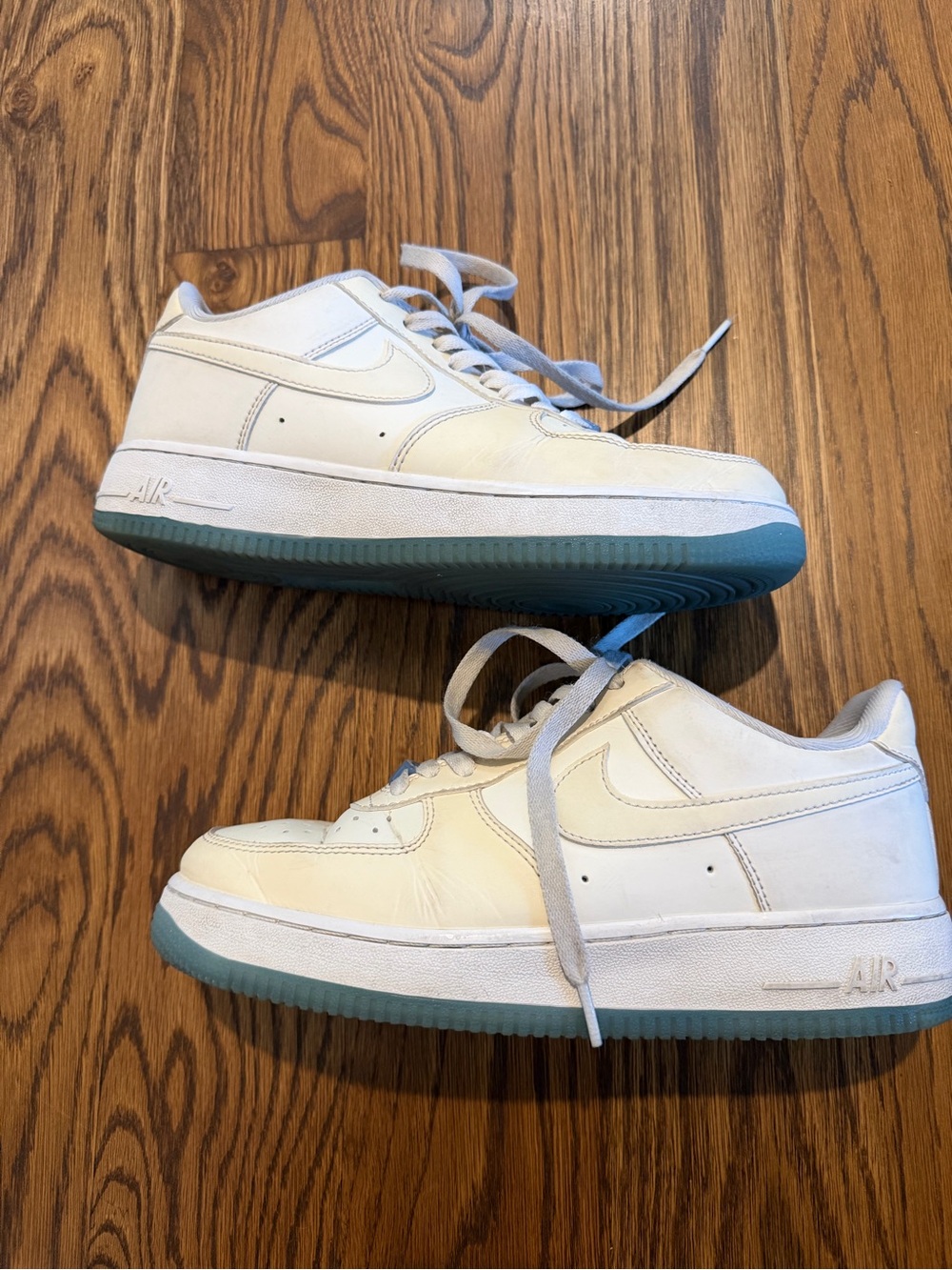 Nike Air Force Ones. White with Blue-Green Soles Men’s Size 7.5 (W9)